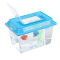 Compact plastic fish tank in blue with a clear lid, featuring colorful plastic fish and a faux plant.