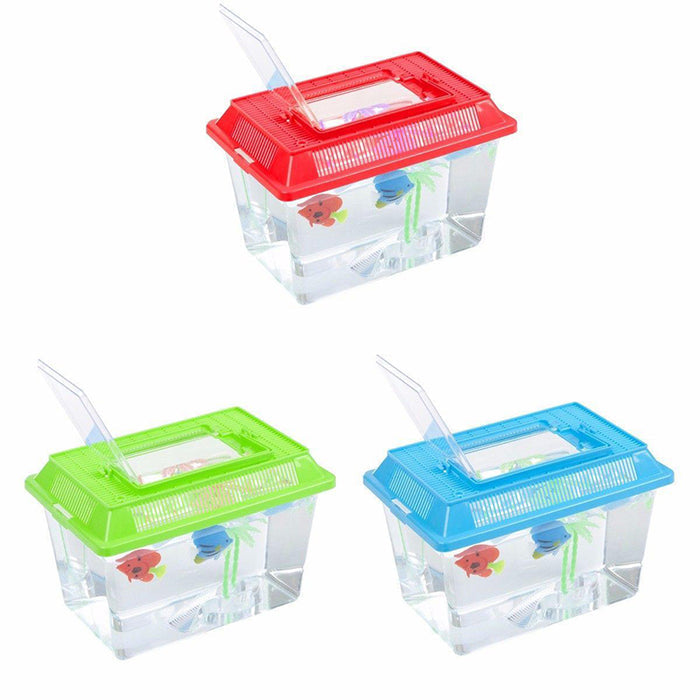 Three clear plastic starter fish tanks in red, green, and blue, each with a lid and colored fish decorations inside.