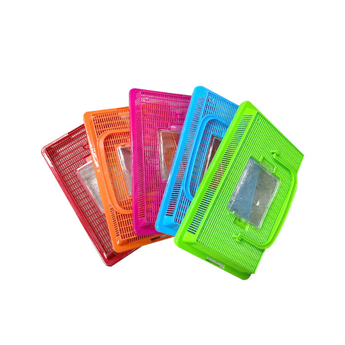 Colorful plastic starter fish tanks in red, orange, pink, blue, and green, featuring a transparent top and handle.