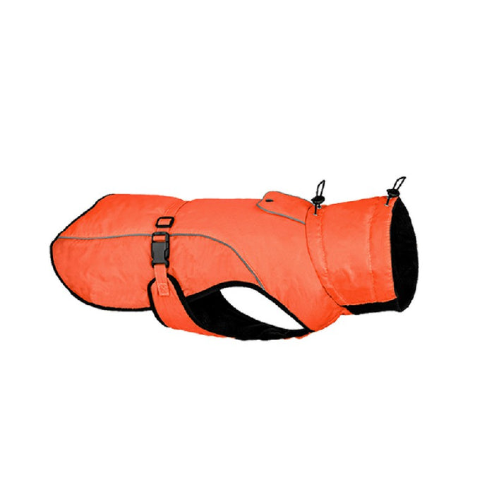 Bright orange adjustable dog jacket made from durable material with black lining and reflective accents for visibility.