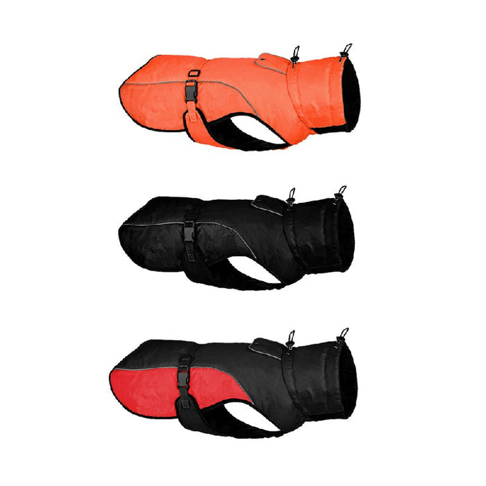 Three adjustable dog jackets in orange, black, and black with red lining, featuring buckles and zippers for securing.