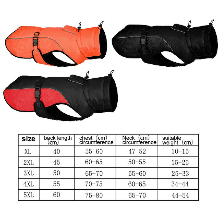 Three ReflectaPaws adjustable dog jackets in orange, black, and red, showcasing waterproof material and adjustable straps.