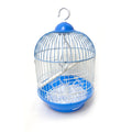 Round parrot cage in blue plastic with white wire, featuring a perch, feeder, and hanging hook.