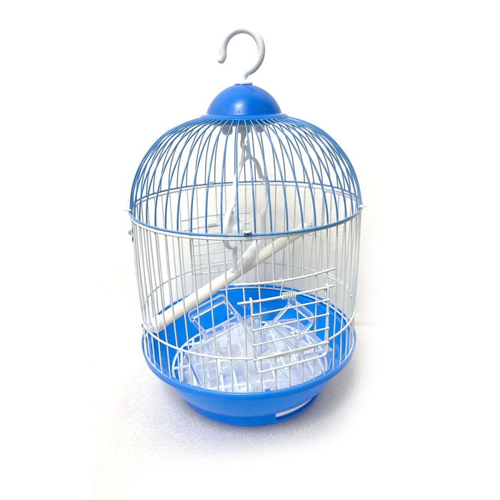 Round parrot cage in blue plastic with white wire, featuring a perch, feeder, and hanging hook.