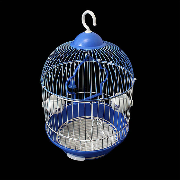 Round parrot cage in blue and white, featuring feeding bowls and a hanging hook, displayed against a black background.