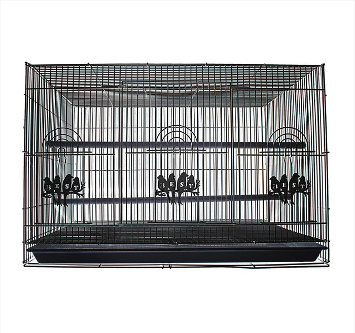 Rectangular black metal bird cage featuring a removable plastic tray and decorative motifs on the front.