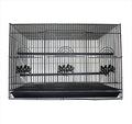 Rectangular black metal bird cage featuring a removable plastic tray and decorative motifs on the front.
