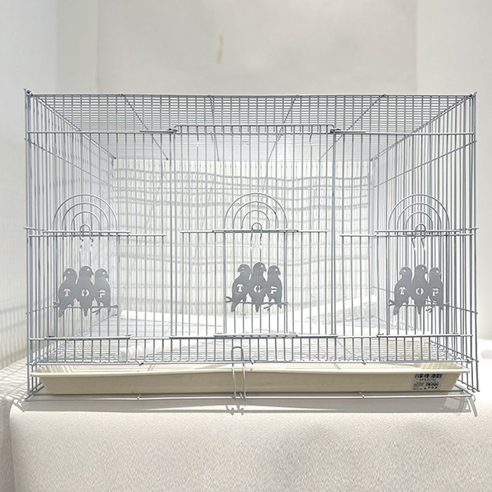 Gray metal indoor bird cage with decorative bird designs, featuring a spacious interior and removable base.