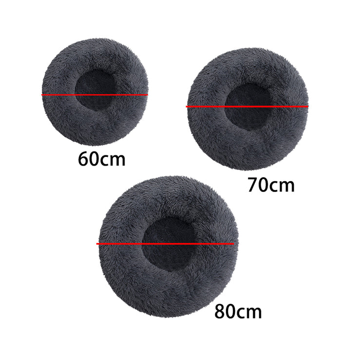 Three round, soft, dark gray pet beds are displayed, measuring 60cm, 70cm, and 80cm in diameter.