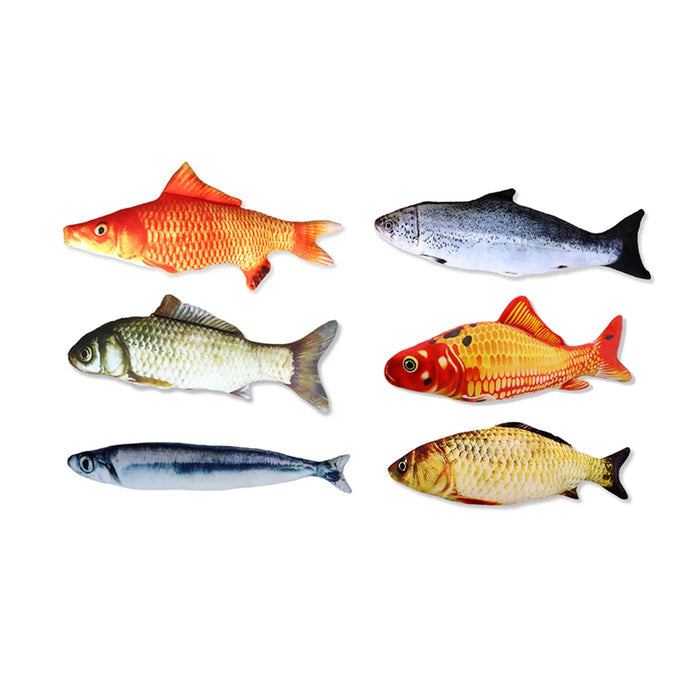 Six colorful soft stuffed fish toys in various designs, perfect for entertaining cats.